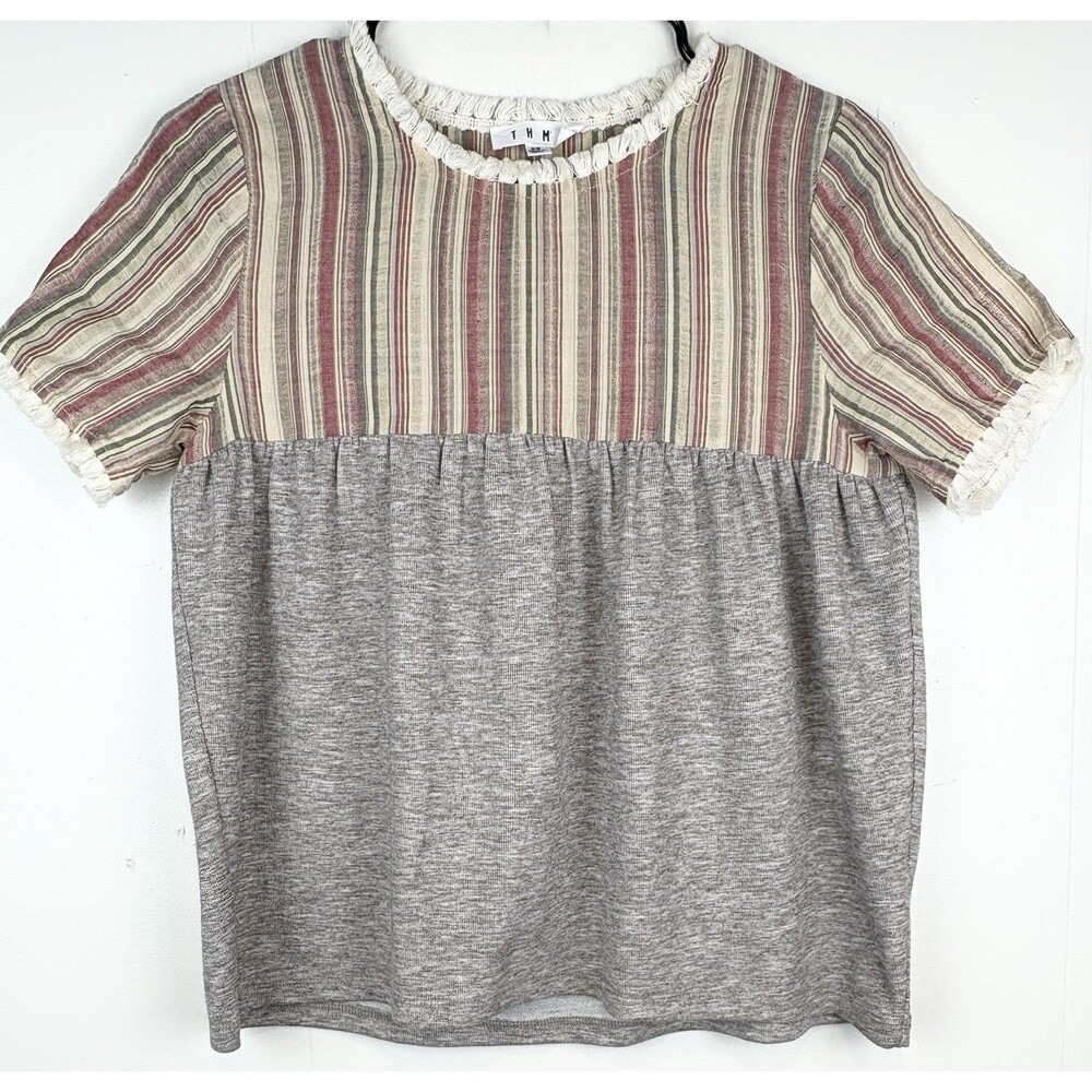 THML Anthropologie Striped Boho Fringe Beige Blouse Top, Extra Small, XS